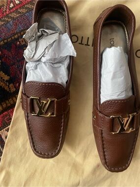 Louis Vuitton Brown Leather Loafers with Gold LV Hardware